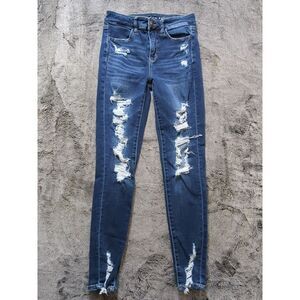 American Eagle Next Level Stretch Hi Rise Jegging Womens Sz 4 Dark Wash Distress